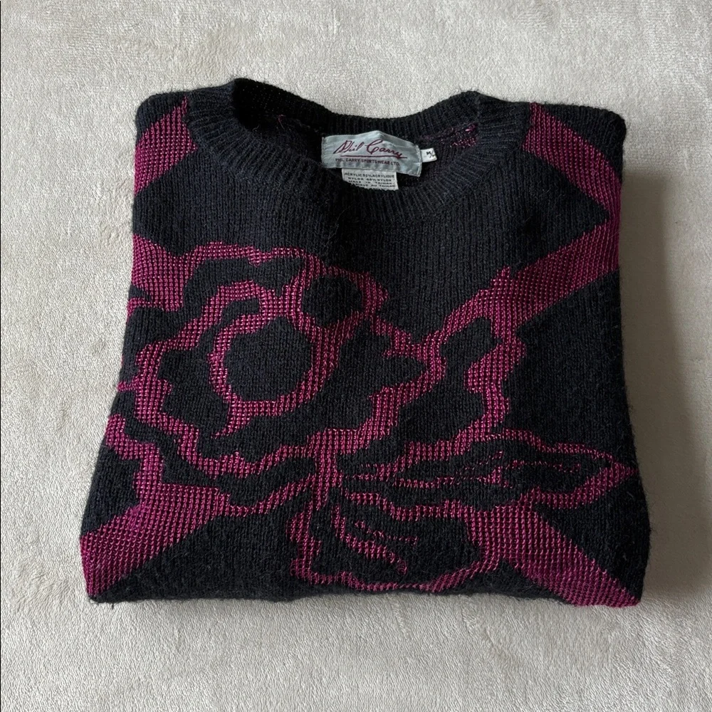 Vintage Phil Carry 1980s Sweater Jumper Acrylic Nylon Medium Black Fuchsia - Picture 7 of 9